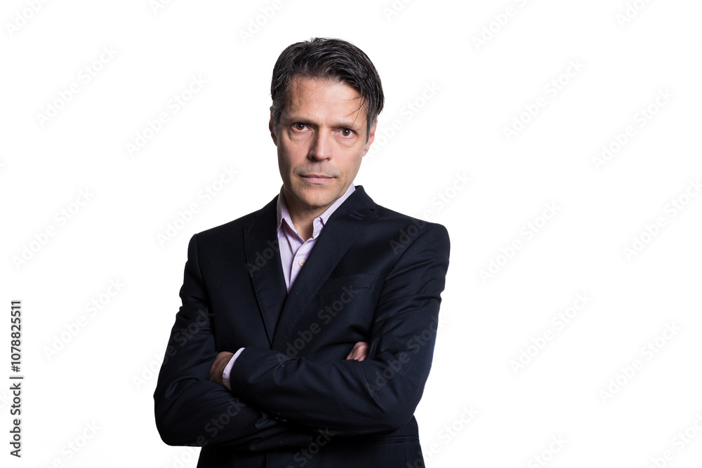 Middle-aged man looking at the camera, arms crossed, on white background, wearing formal clothes. Middle-aged man looking at the camera, arms crossed, on white background, wearing formal clothes.