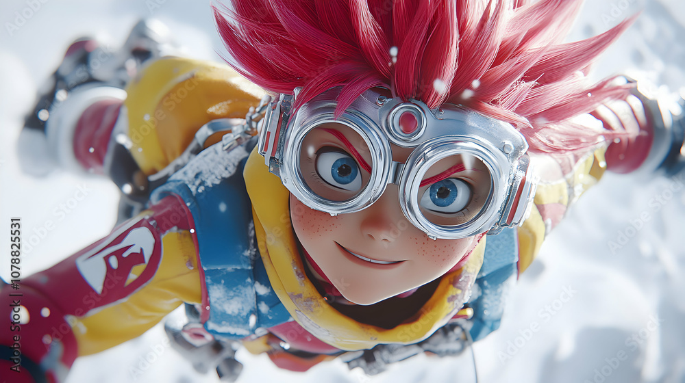 Fototapeta premium 3D Illustration of a Cartoon Character with Red Hair Wearing Goggles and a Yellow, Red, and Blue Outfit Smiling While Flying Through a Snowy Landscape.