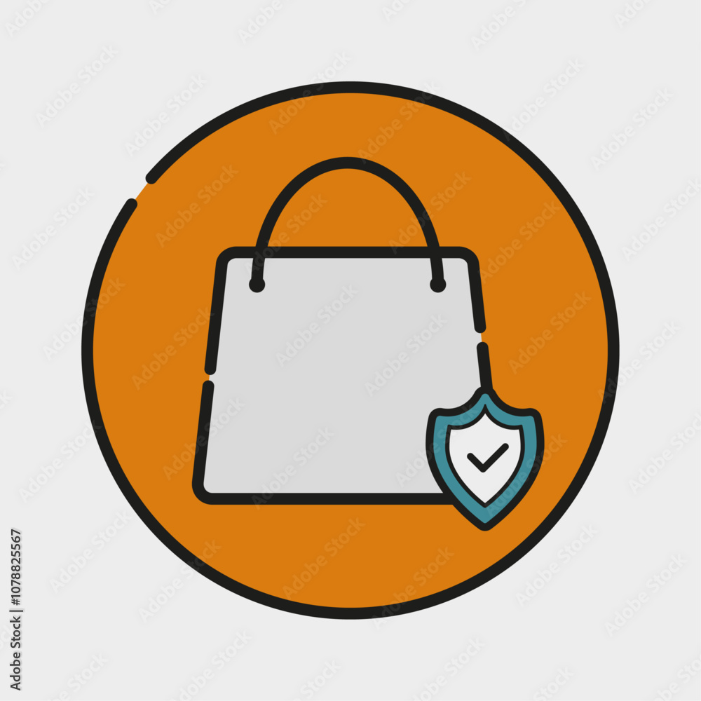 secure online shopping vector icon. shopping bag illustration with verification shield. internet, website, online store, e commerce. security, authenticity, original secure online shopping vector icon. shopping bag illustration with verification shield. internet, website, online store, e commerce. security, authenticity, original