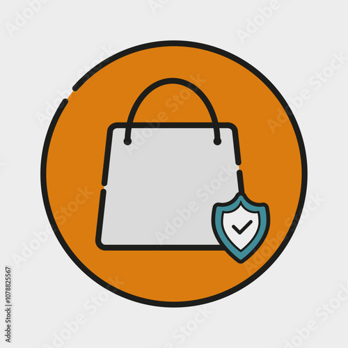 secure online shopping vector icon. shopping bag illustration with verification shield. internet, website, online store, e commerce. security, authenticity, original