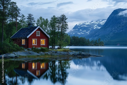 A cozy red cabin by a serene lake at twilight in Norway