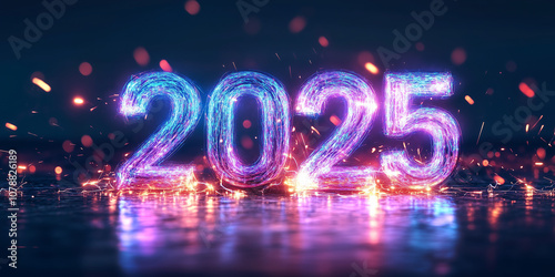 bright New Year illustration. Text "2025" made from electrical element