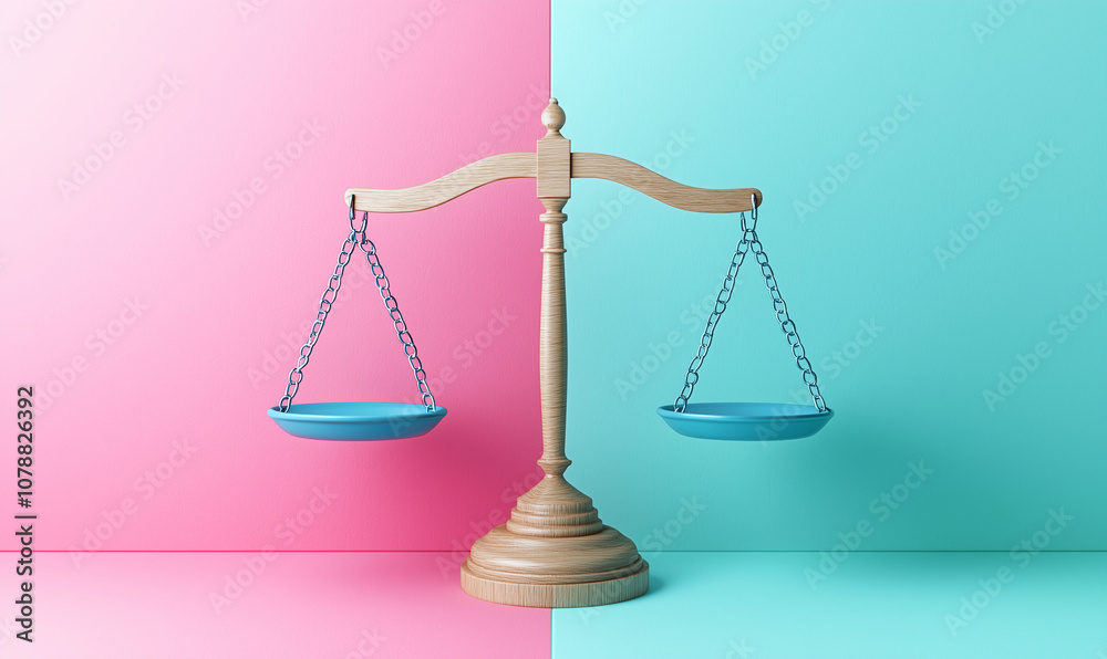 A balanced scale set against a split pink and blue background, symbolizing equal rights for men and women. Ideal for themes on gender equality, balance, and justice.