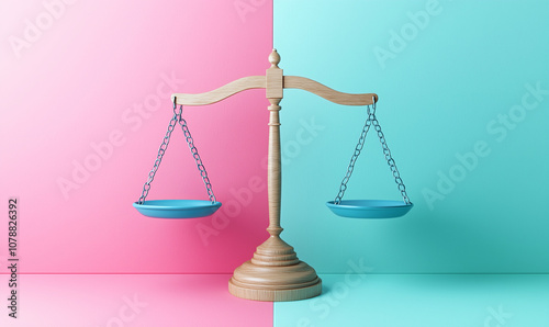 Obraz na płótnie A balanced scale set against a split pink and blue background, symbolizing equal rights for men and women. Ideal for themes on gender equality, balance, and justice. w salonie