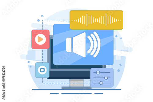 Concept of Listening to Audio and Multimedia Content, Icons depicting speakers to represent the function of listening to audio and screens or movies for multimedia content. types of digital content.