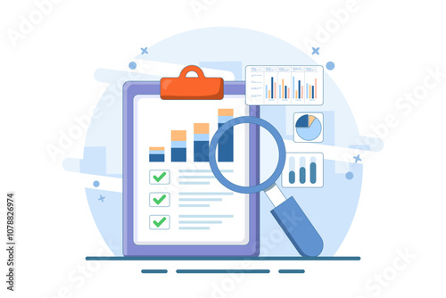 accounting analytics concept with graphs, audit research on computer, flat cartoon, big paper financial report data analysis on pc and magnifying glass, digital document success check.