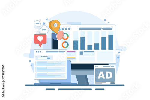 Digital marketing report concept, website marketing analysis, social media advertising data analysis, SEO audit, content analysis, online website audit and data analysis, flat vector illustration.