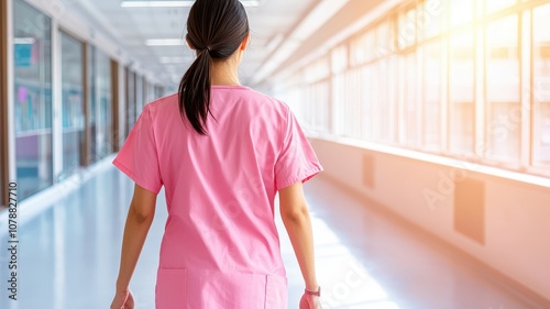 A healthcare professional in pink scrubs walks down a bright hospital corridor, symbolizing care and compassion.