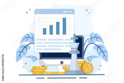 Digital financial growth concept, Online financial system management with chess king piece, tablet, gold coins on isolated background, digital marketing. Flat vector illustration on background.