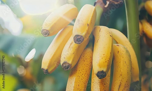 Bunch of bananas hanging from a tree, closeup photo