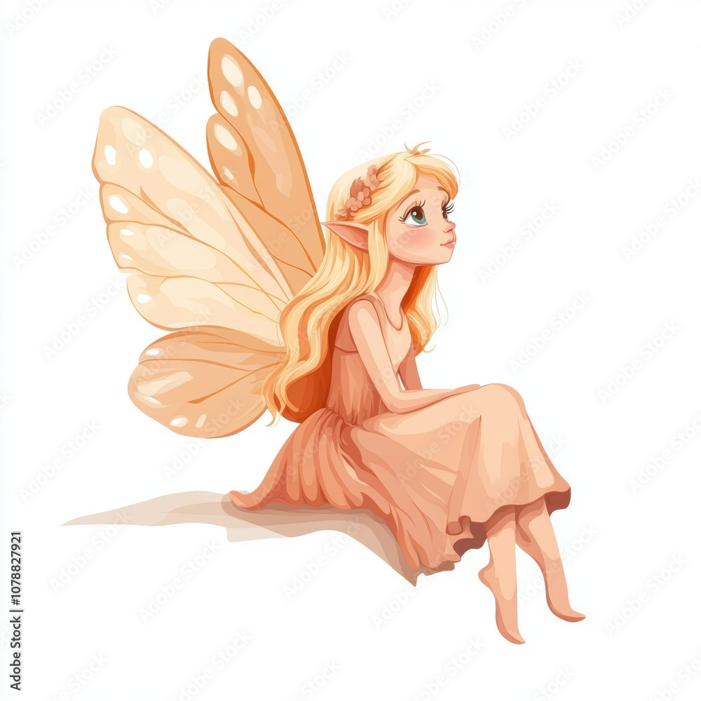 A whimsical fairy character with butterfly wings sitting gracefully. A whimsical fairy character with butterfly wings sitting gracefully.