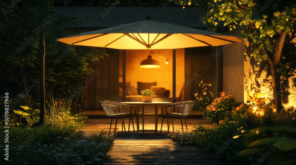 Fototapeta premium A patio with a large umbrella and a table with chairs under it