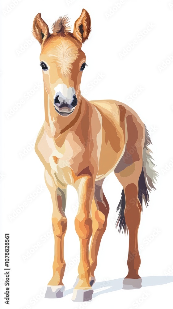 Obraz premium Golden foal standing gracefully, white isolate background.