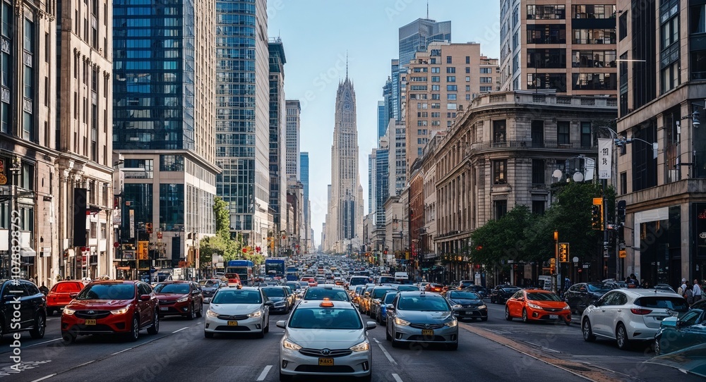 Fototapeta premium Urban cityscape day bustling streets skyscrapers cars lively energetic atmosphere