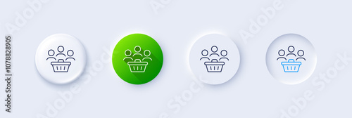 Buyers with shopping cart line icon. Neumorphic, Green gradient, 3d pin buttons. Customers group sign. Supermarket clients symbol. Line icons. Neumorphic buttons with outline signs. Vector