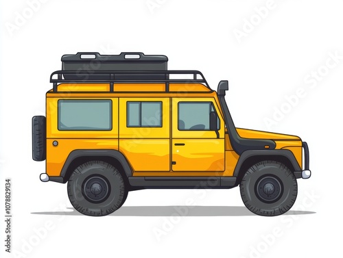 Yellow off-road vehicle, side view, white isolated background.