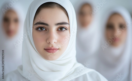 Portrait of a young woman wearing a white hijab, exuding confidence and grace, with a soft, blurred background of others in similar attire.