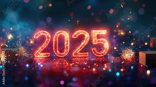 Side view of "2025" in glowing computer font, surrounded by fireworks and shimmering bokeh lights.