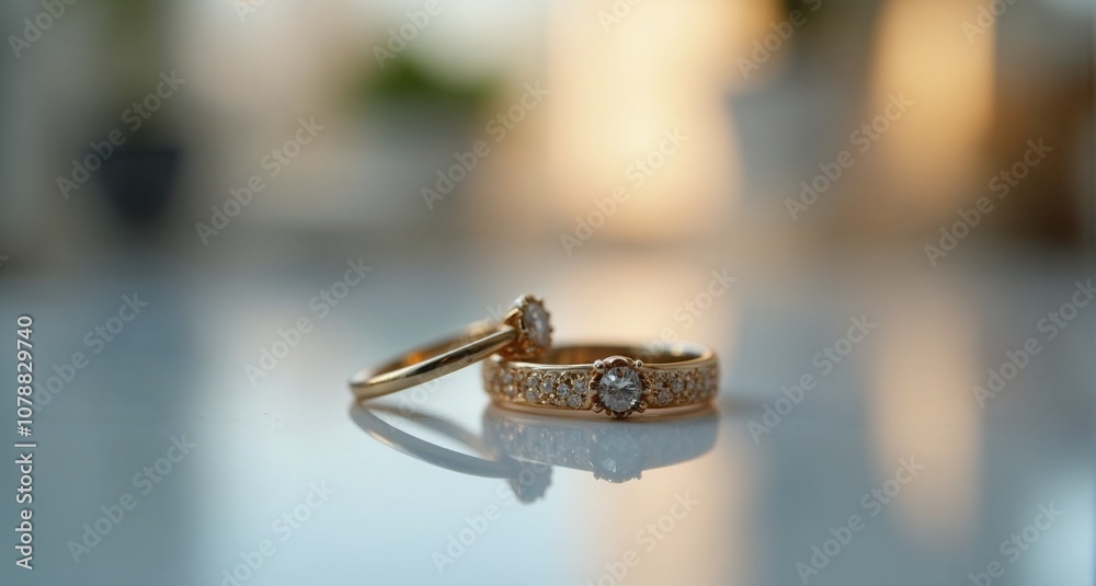 Elegant wedding rings, romantic mood, detailed close-up on reflective surface, luxury style Elegant wedding rings, romantic mood, detailed close-up on reflective surface, luxury style