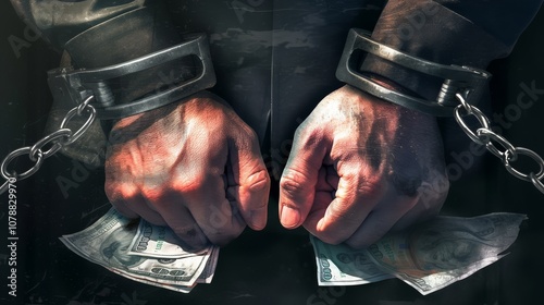 Dirty hands in handcuffs, with money, International Anti-Corruption Day. Poster on the topic of corruption and crimes related to theft