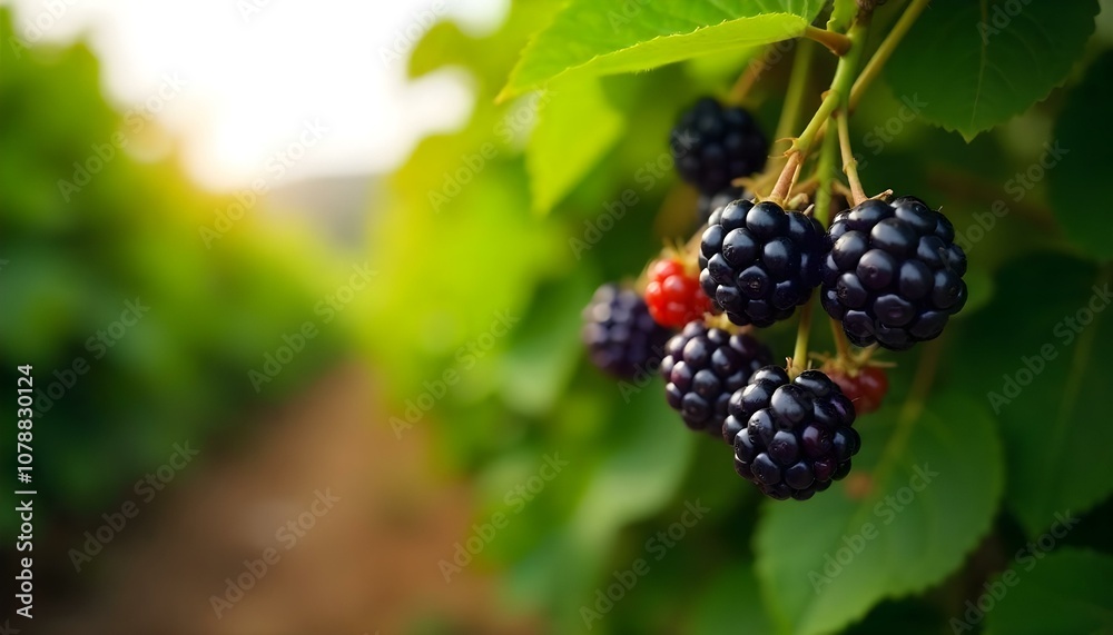 Organic plantation filled with ripe purple blackberries hanging from lush green bushes Organic plantation filled with ripe purple blackberries hanging from lush green bushes