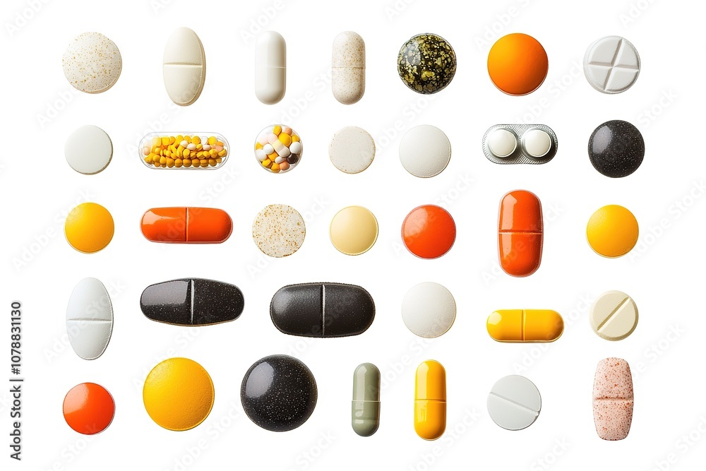 vitamins, pills and tablets on white background
