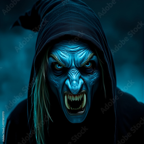 A menacing witch with icy blue skin and sharp fangs gazes fiercely under a dark, smoky background at night photo