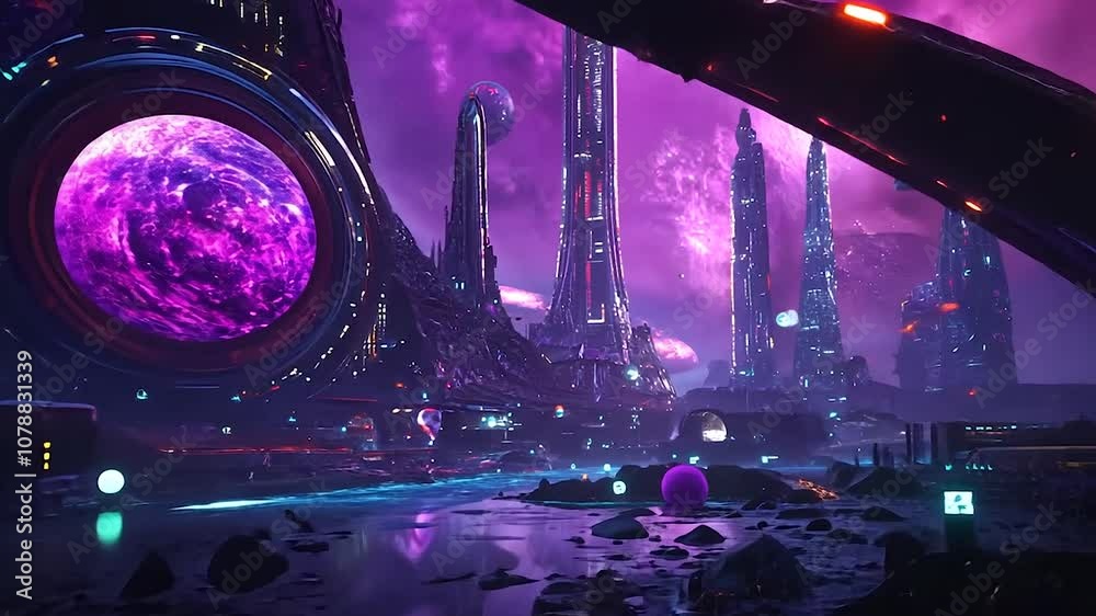 Space colony on a distant planet Witness humanity's expansion into the galaxy with this vibrant depiction of a thriving city on an alien world. Suitable for documentaries, educational videos, and com
