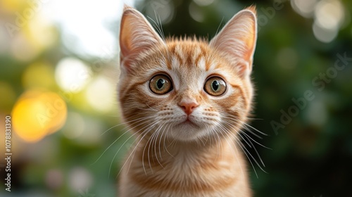 A close-up of a curious orange tabby cat with big eyes.