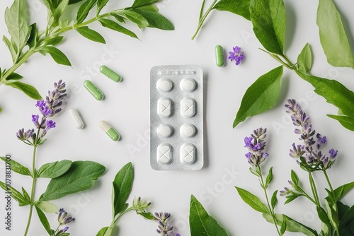 Assorted pharmaceutical medicine pills, tablets and capsules on a wooden spoon. Organic medical pills with herbal plant on a white background. Ethnoscience concept. View from above.
 photo