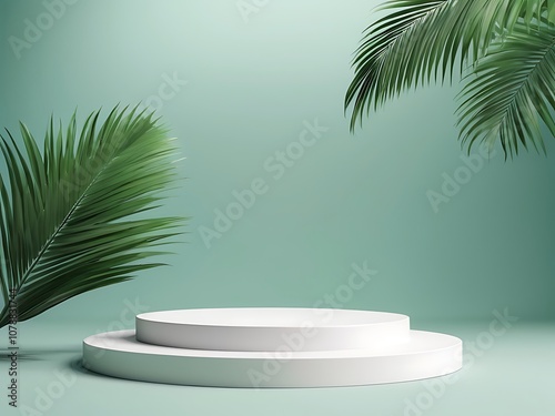 White 3d pedestal Tealish Green background with realistic palm leaves for cosmetic product presentation fashion magazine photo