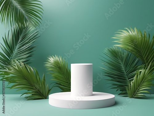 White 3d pedestal Tealish Green background with realistic palm leaves for cosmetic product presentation fashion magazine photo