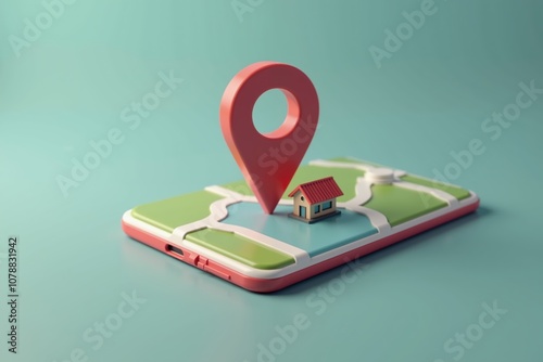 Wallpaper Mural 3d location pin on tablet with miniature house - digital mapping concept in modern real estate. Torontodigital.ca
