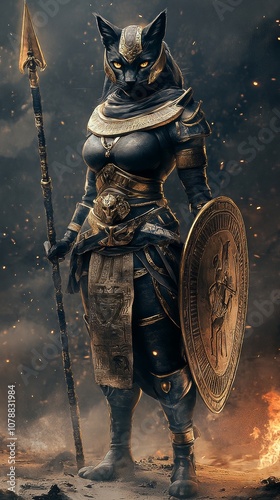 A fierce female warrior with a cat head, ready for battle.