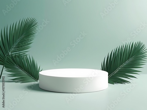 White 3d pedestal Tealish Green background with realistic palm leaves for cosmetic product presentation fashion magazine photo