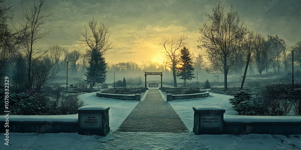 A Misty Winter Sunrise Illuminates a Stone Pathway Leading to a Garden Gate, Creating a Serene and Tranquil Atmosphere.