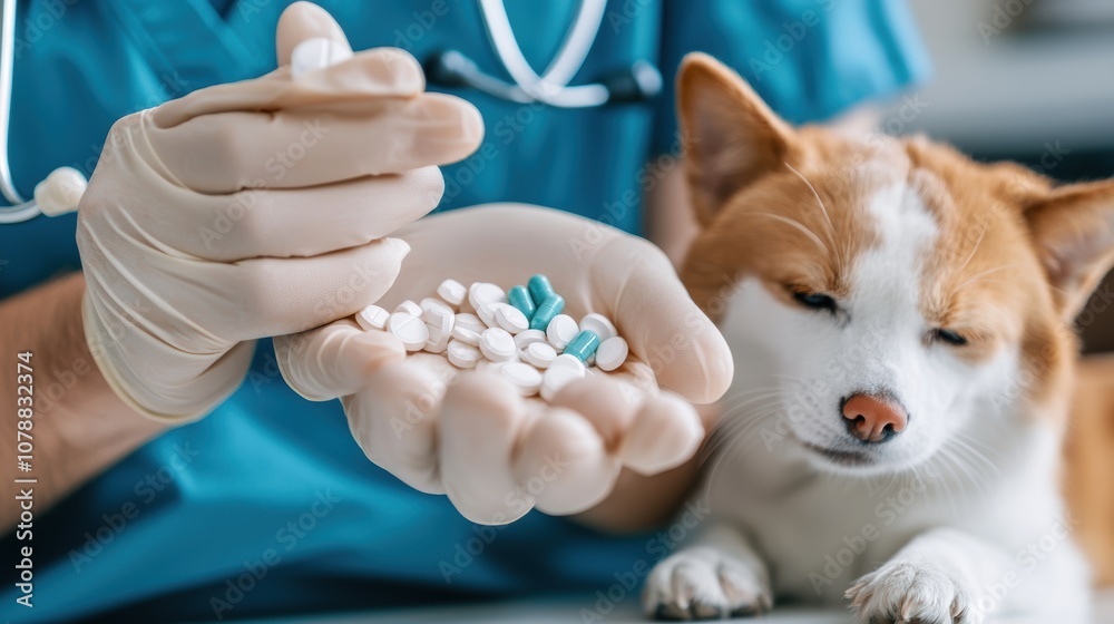 A veterinarian holds medication while a dog attentively watches, illustrating pet care and health management. A veterinarian holds medication while a dog attentively watches, illustrating pet care and health management.