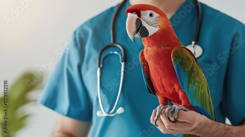 A veterinarian holds a colorful parrot while wearing scrubs and a stethoscope, showcasing the care for exotic pets.