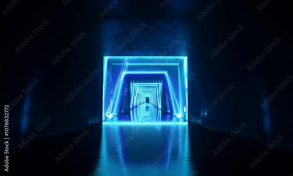Abstract tunnel, corridor with rays of blue light and neon highlights ...