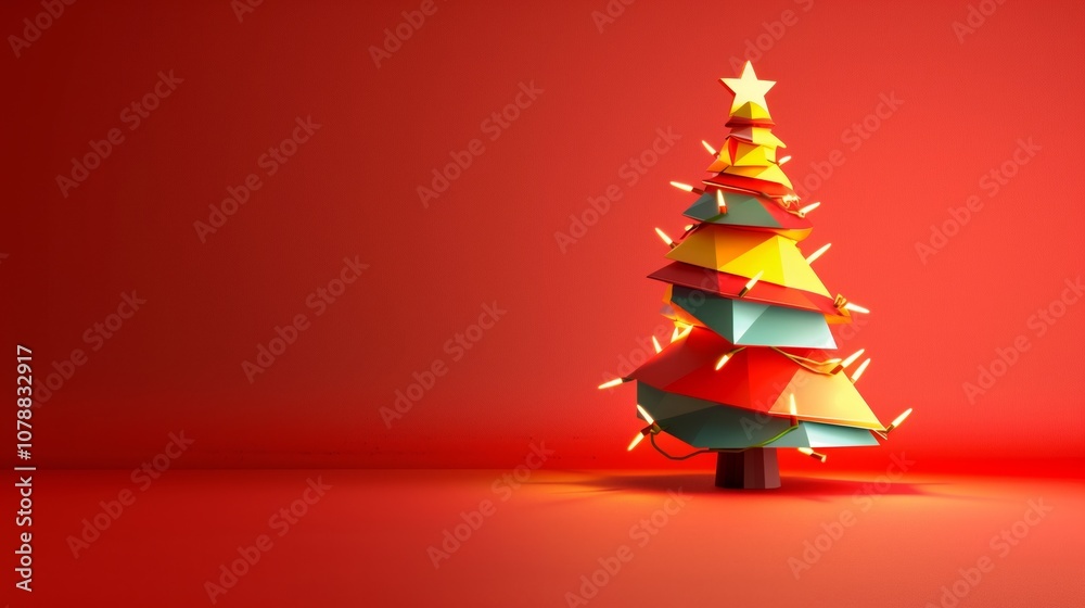 A vibrant abstract Christmas tree with a star on top, surrounded by glowing lights, on a red background. A vibrant abstract Christmas tree with a star on top, surrounded by glowing lights, on a red background.