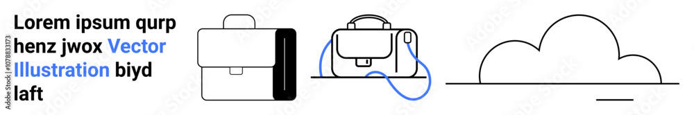 Bags in minimalistic style, including a briefcase and a travel bag, with a cloud. Ideal for business websites, travel blogs, tech services, educational platforms, creative portfolios, e-commerce