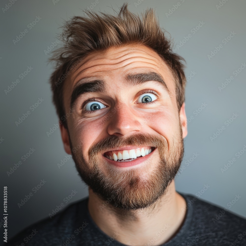 Surprised smiling man with expressive face and messy hair looking at camera Surprised smiling man with expressive face and messy hair looking at camera