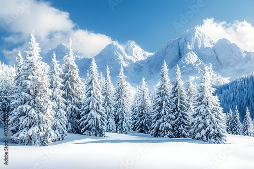 Snow-covered pine trees in a winter landscape during sunny weather