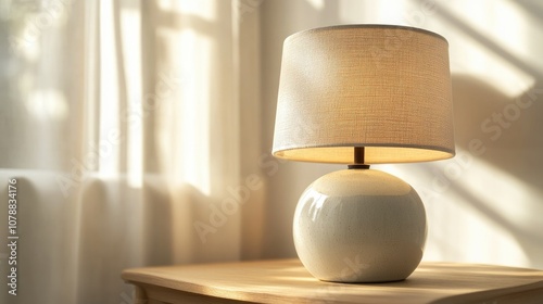 Close-up of white ceramic lamp base, illuminated by natural light with simple, elegant background