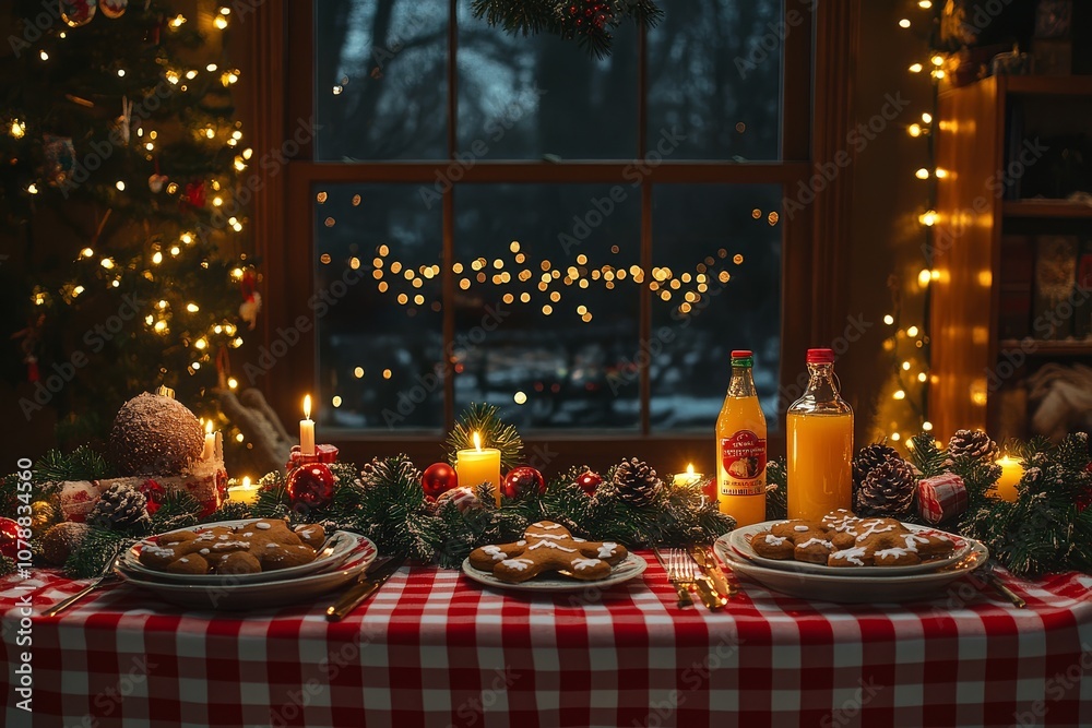 Festive Christmas table setting with red and white checkered cloth, candles, gingerbread cookies, orange juice, pine cones, and small presents, illuminated by warm lighting and colorful garlands. Festive Christmas table setting with red and white checkered cloth, candles, gingerbread cookies, orange juice, pine cones, and small presents, illuminated by warm lighting and colorful garlands.