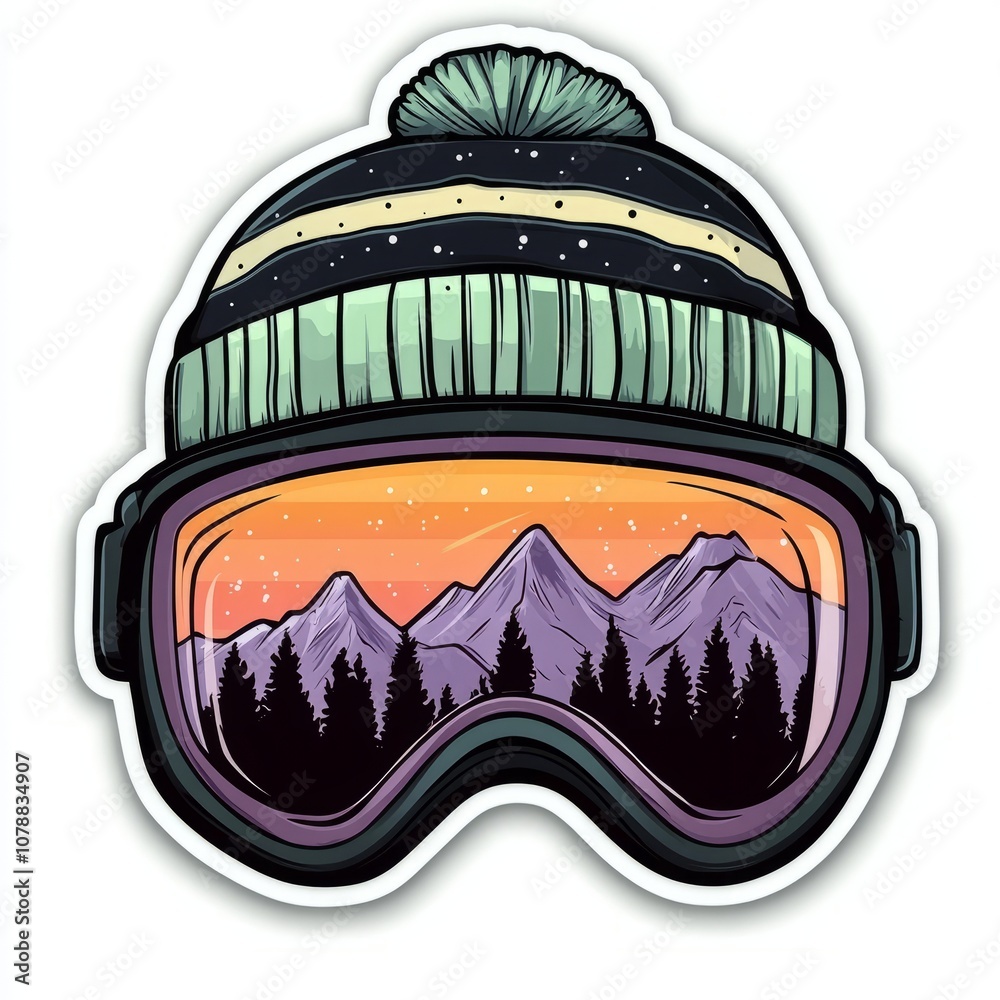 Obraz premium A winter beanie with goggles reflecting a mountain vista.