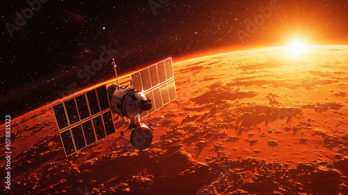 Satellite orbiting the planet Mars. Space exploration and colonization of the red planet Mars