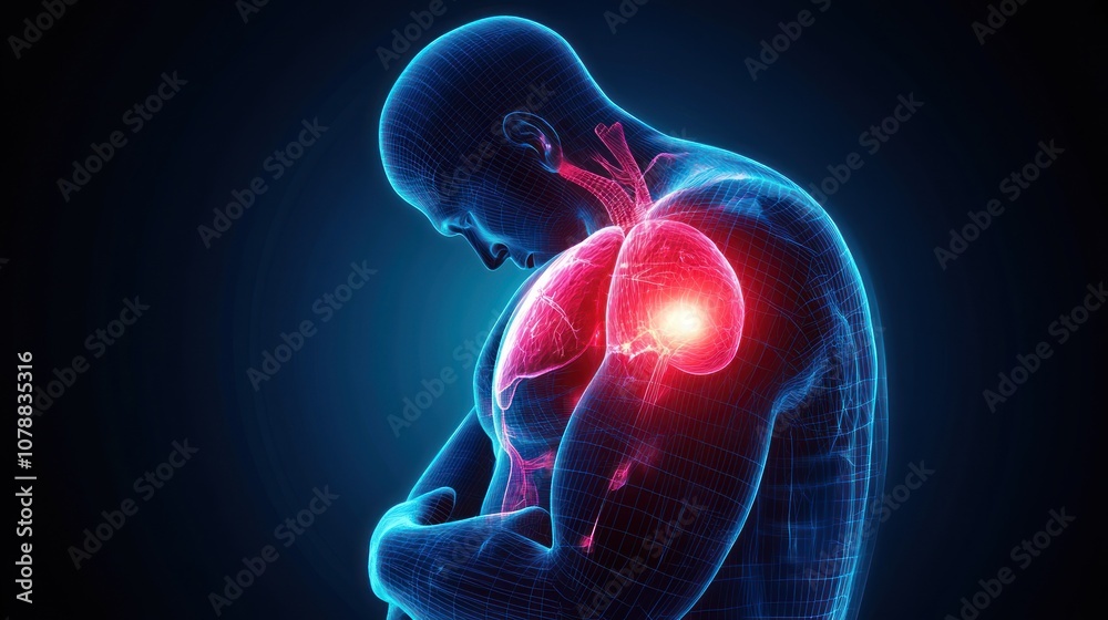 Digital illustration of a human with a highlighted heart, showcasing the cardiovascular system with arteries, in a neon blue and red color scheme for medical visualization. Digital illustration of a human with a highlighted heart, showcasing the cardiovascular system with arteries, in a neon blue and red color scheme for medical visualization.