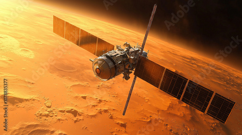 Space satellite orbiting the planet Mars. Space exploration and colonization of the red planet Mars