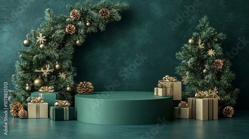 Stylish Green Podium Designed for Showcasing Christmas Products and Sales